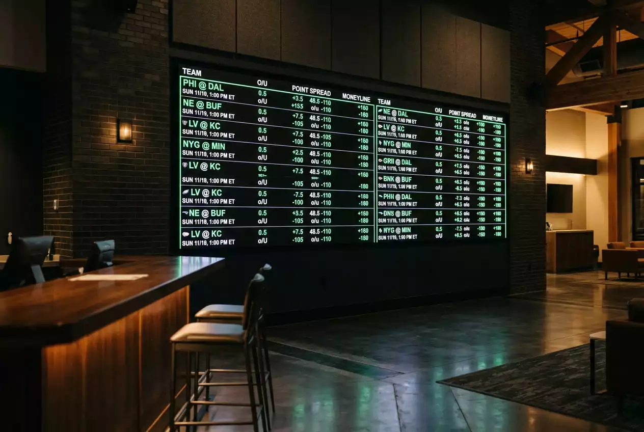 Sportsbook odds board displaying NFL point spread and moneyline prices